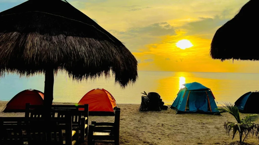 Beachside camping at sunset, Dreamshore Kiwi Beach Resort Tablas Island Philippines